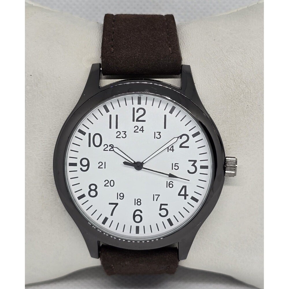 Men's Accutime Gunmetal Round Silvertone White Dial Brown PU Suede Strap Watch 8